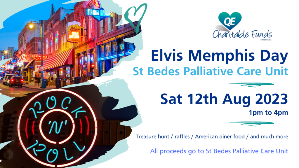 Twitter asset for Elvis Memphis Day, fundraising event in support of the St Bedes unit. The asset shows a picture of a street in Memphis.
