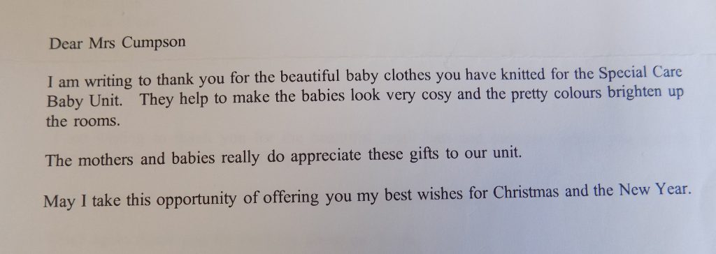 A close up picture of a letter the hospital had sent to Julie's grandmother thanking her for a knitted baby donation.