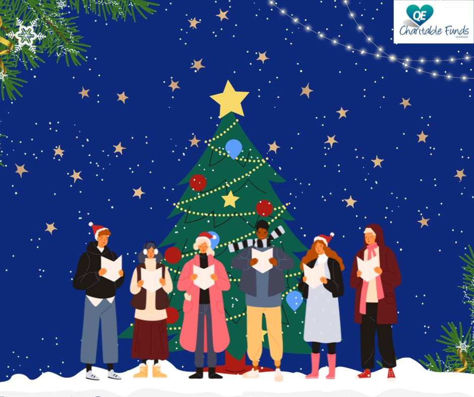 Graphic of snow falling with carol singers stood in front of a christmas tree with stars surrounding it.
