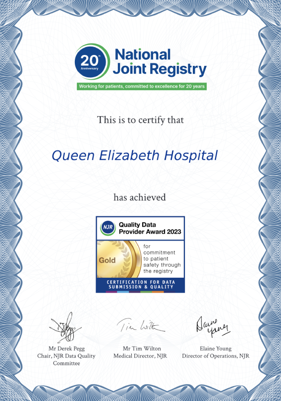 A certificate showing Gateshead Health's as an NJR Quality Data Provider 2023 certificate.