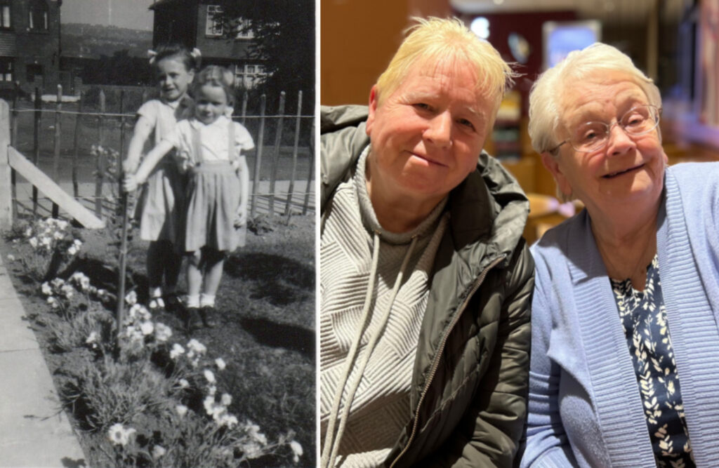 Pat (right) with her sister Kath (left) then and now