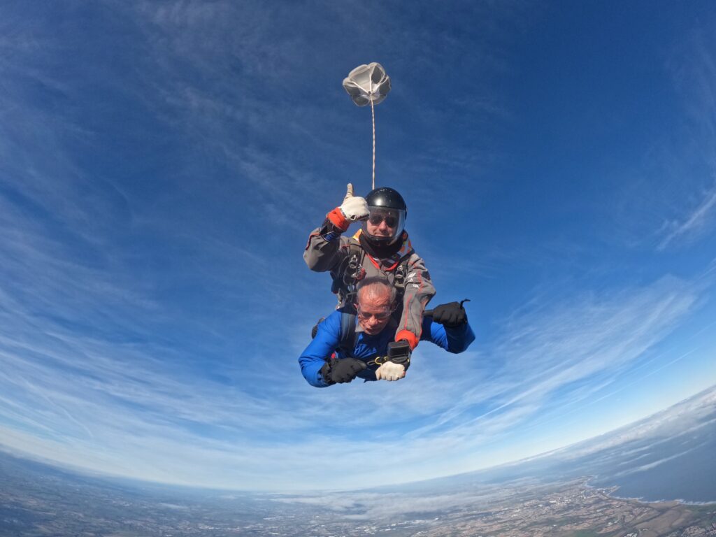 2 men skydiving and giving a thumbs up