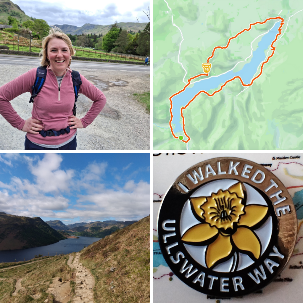 Montage of four photos about Faye Collins walked the entire circumference of Ullswater Lake in the Lake District - "I walked the Ulswater Way"
