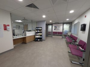 Wide angle photo of the reception and waiting area of the NGOC