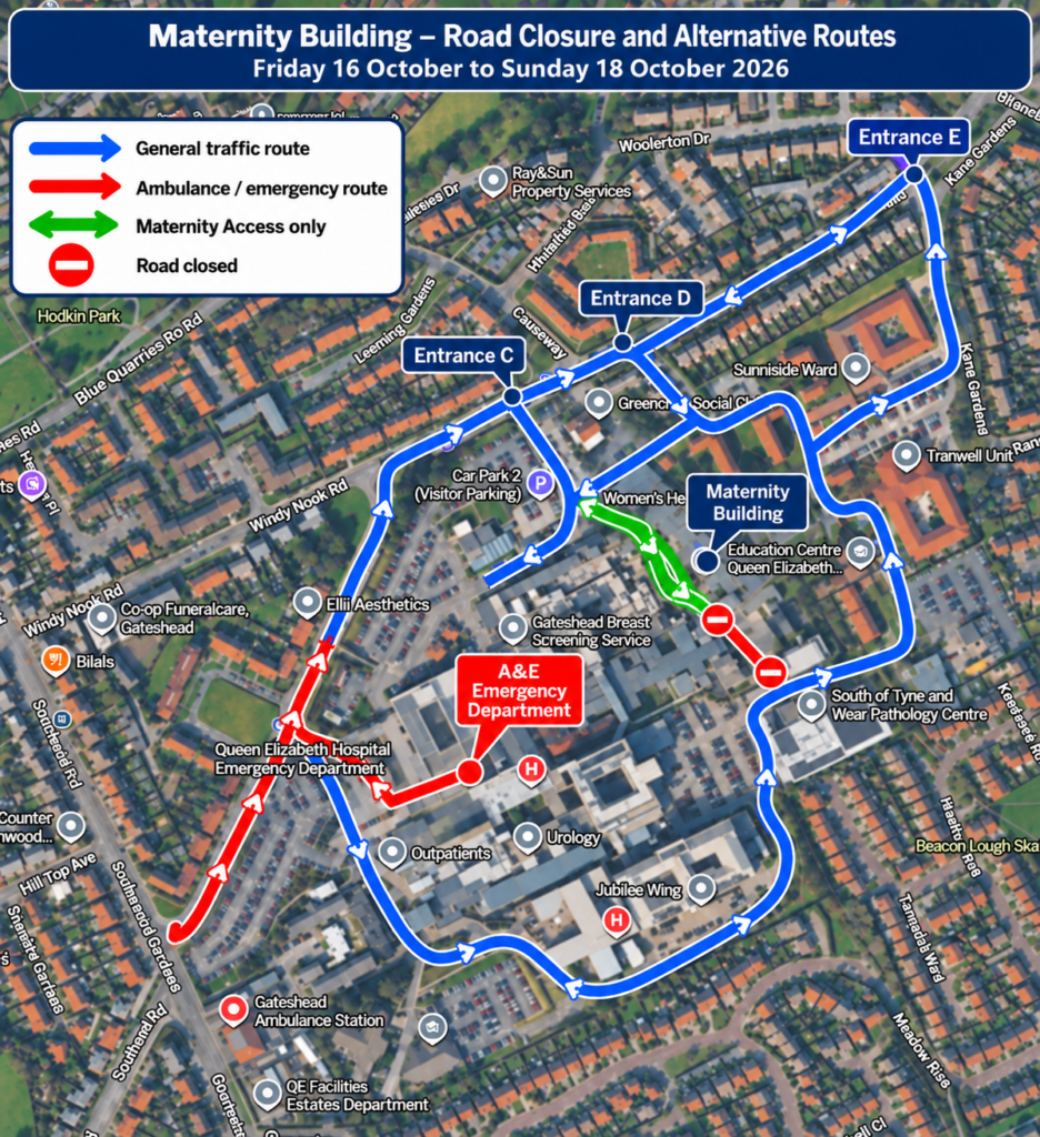 A site map showing the road in front of maternity being closed and alternative vehicle access routes