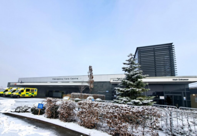 Outside the Queen Elizabeth hospital A&E department in snow/winter