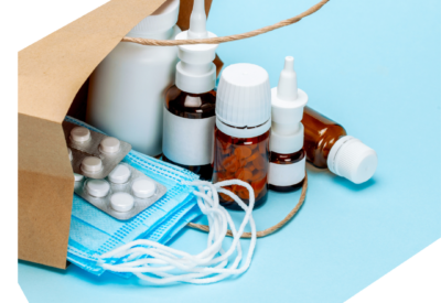 Decorative image showing a paper bag filled with medicine bottles and containers.