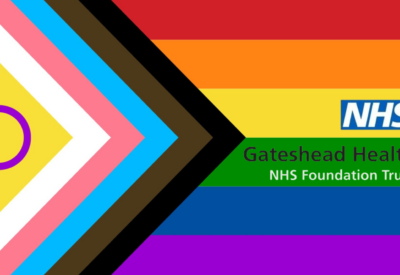 Progress Pride flag with Gatestead Health NHS Foundation Trust logo
