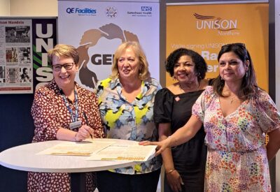 Gill Findley, Christina McAnea , Maria Alberts and Nicky Ramanandi sign the anti-racism charter