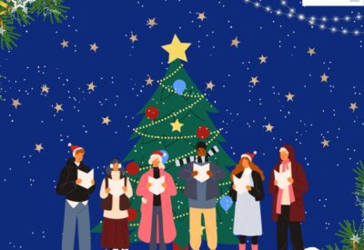 Graphic of snow falling with carol singers stood in front of a christmas tree with stars surrounding it.