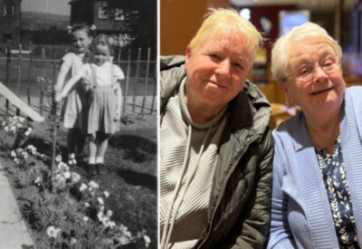 Pat (right) with her sister Kath (left) then and now
