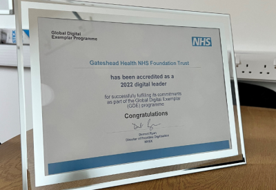 Certificate for the Global Digital Exemplar (GDE) programme for Gateshead Health