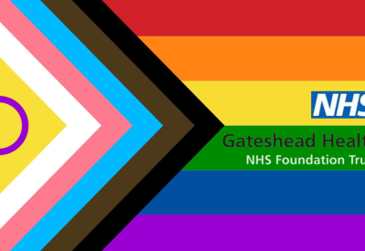 Progress Pride flag with Gatestead Health NHS Foundation Trust logo